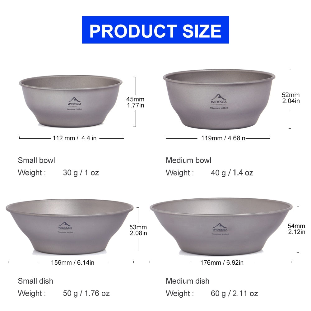 Camping Ultralight Titanium Bowl Plate Pan Tableware Set Multi Size