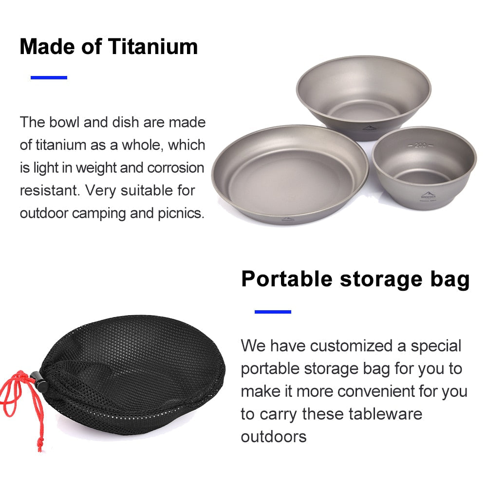 Camping Ultralight Titanium Bowl Plate Pan Tableware Set Multi Size