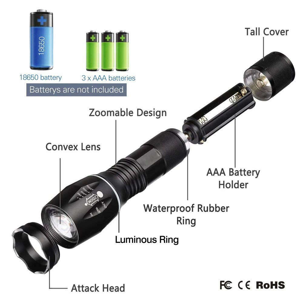Super-Bright 90000LM LED Tactical Flashlight 5 Modes Zoomable Torch